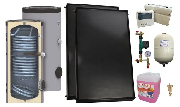 Pachet sistem solar presurizat, 2 x Panou solar plan Fornello 2.0 m² SPFP, Boiler cu 2 serpentine SON 150 l, grup pompare, controller, vas expansiune, antigel, aerisitor 1/2, supapa 1/2