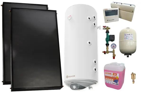 Pachet sistem solar presurizat, 2 x Panou solar plan Fornello 2.0 m² SPFP, Boiler cu 2 serpentine si rezistenta electrica Eldom WV15046S21R 150 l, grup pompare, controller, vas expansiune, antigel, aerisitor