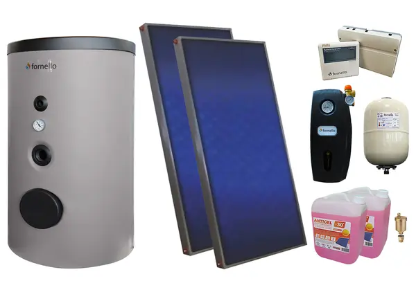 Pachet sistem solar presurizat, 2 x Panou Sunsystem PК SL FP 2.0, Boiler Fornello Optima EV 6/4 S2, 160 Litri, Controller, Vas expansiune, Grup pompare, Aerisitor, Antigel