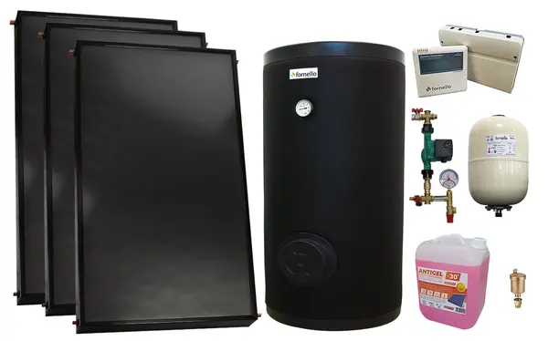 Pachet sistem solar presurizat, 3 x Panou solar plan Fornello 2.0 m² SPFP, Boiler cu 2 serpentine FORNELLO SOL 300 LT 2S, grup pompare, controller, vas expansiune, antigel, aerisitor 1/2