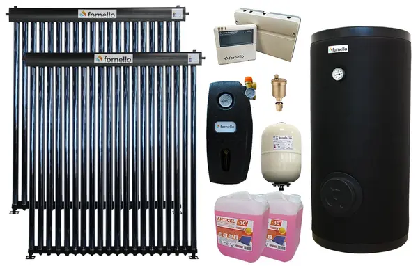 Pachet sistem solar presurizat Fornello 40 Tuburi Heat Pipe, Grup pompare, Boiler cu 2 serpentine Fornello SOL 300 LT 2S, controller, vas expansiune, Aerisitor 1/2, Antigel