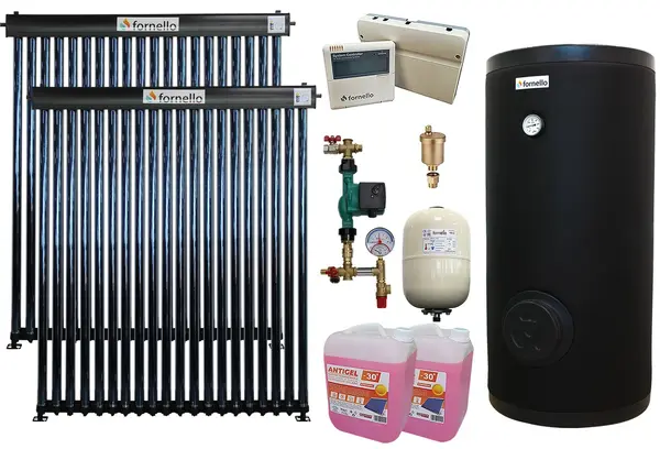 Pachet sistem solar presurizat Fornello 40 Tuburi Heat Pipe, Boiler cu 2 serpentine Fornello SOL 300 LT 2S, controller, vas expansiune, grup pompare, aerisitor 1/2, antigel