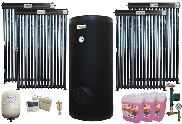 Pachet sistem solar presurizat, Fornello 60 Tuburi Heat Pipe, Boiler cu 2 serpentine Fornello SOL 500 LT 2S, controller, vas expansiune, grup pompare, aerisitor 1/2, antigel