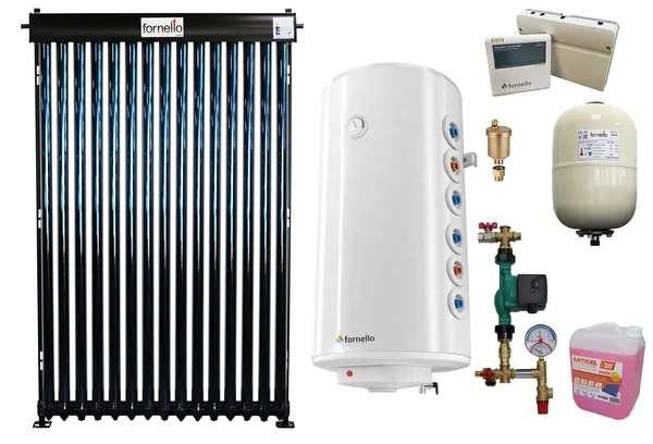 Pachet sistem solar presurizat, panou Fornello 15 Tuburi Heat Pipe, Boiler cu 2 serpentine Fornello Optima GCV7/4S 120, controller, vas expansiune, grup pompare, aerisitor 1/2, antigel