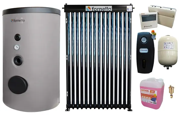Pachet sistem solar presurizat, Panou Fornello 15 Tuburi Heat Pipe, Boiler Fornello Optima EV 6/4 S2, 160 Litri, Controller, Vas expansiune, Grup pompare, Aerisitor, Antigel