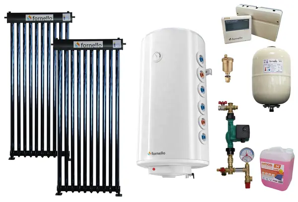 Pachet sistem solar presurizat, panou Fornello 20 Tuburi Heat Pipe, Boiler cu 2 serpentine Fornello Optima GCV7/4S 120 l, controller, vas expansiune, grup pompare, aerisitor 1/2, antigel