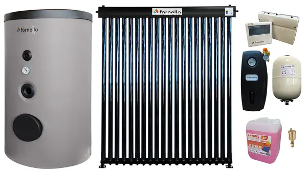 Pachet sistem solar presurizat, Panou Fornello 20 Tuburi Heat Pipe, Boiler Fornello Optima EV 6/4 S2, 160 Litri, Controller, Vas expansiune, Grup pompare, Aerisitor, Antigel