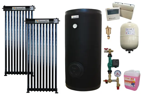 Pachet sistem solar presurizat, panou Fornello 20 Tuburi Heat Pipe, Boiler cu 2 serpentine Fornello SOL 200 LT 2S, controller, vas expansiune, grup pompare, aerisitor 1/2, antigel