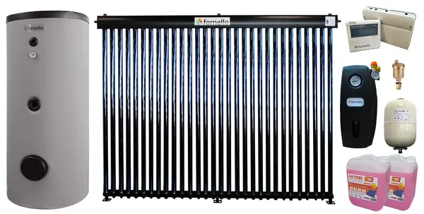 Pachet sistem solar presurizat, Panou Fornello 30 Tuburi Heat Pipe, Grup pompare, Boiler de SOL cu 2 serpentine Fornello Optima EV 300 LT 2S, Controller, Vas expansiune, Aerisitor, Antigel
