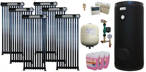 Pachet sistem solar presurizat, panou Fornello 60 Tuburi Heat Pipe, Boiler cu 2 serpentine Fornello SOL 500 LT 2S, controller, vas expansiune, grup pompare, aerisitor 1/2, antigel