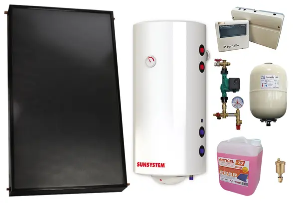Pachet sistem solar presurizat, Panou solar plan Fornello 2.0 m² SPFP, Boiler cu 2 serpentine si rezistenta electrica Sunsystem BB NL2 150 PRL 3KW, grup pompare, controller, vas expansiune, antigel, aerisitor 1/2