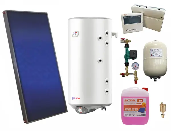 Pachet sistem solar presurizat, panou solar plan Sunsystem PК SL FP 2.0, Boiler cu 2 serpentine Eldom 100 l 2S, controller, vas expansiune, grup pompare, aerisitor 1/2, antigel