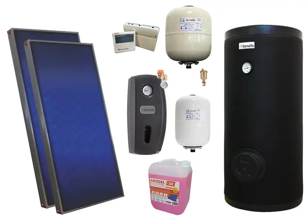 Pachet solar premium, presurizat, 2x panou plan Sunsystem PК SL FP 2.0, Boiler cu 2 serpentine Fornello SOL 200 LT 2S, controller, vas expansiune solar, vas expansiune sanitar, grup pompare Fornello (pompa OHI), aerisitor 1/2, antigel