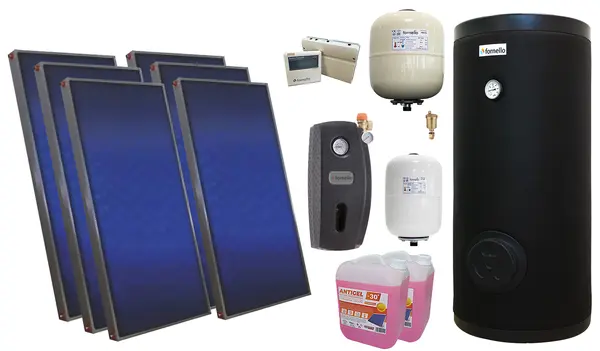 Pachet solar premium, presurizat, 6x panou plan Sunsystem PК SL FP 2.0, Boiler cu 2 serpentine Fornello SOL 500 LT 2S, controller, vas expansiune solar, vas expansiune sanitar, grup pompare Fornello (pompa OHI), aerisitor 1/2, antigel