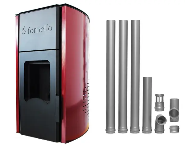 Pachet termosemineu centrala peleti Fornello Royal 25 kw , complet echipat pentru incalzire, pompa , vas expansiune, automatizare , telecomanda, buncar peleti tiraj fortat, Kit de evacuare gaze arse Dn 80 din otel negru
