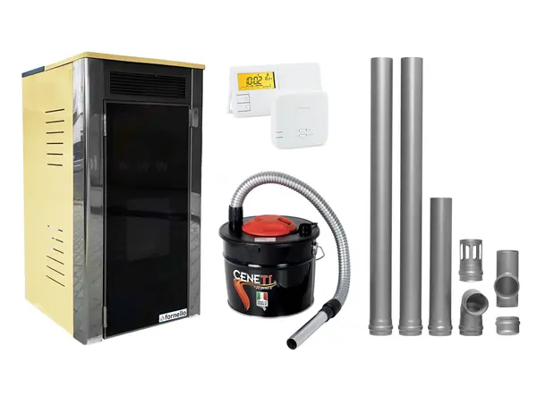 Pachet Termoșemineu Fornello Primo Truva 25 kW Ivory, pompa de circulatie, vas de expansiune, supape de siguranta, curatare mecanica creuzet, kit evacuare 2.5 ml, Termostat Salus 091FLRFV2 si Aspirator Cenusa