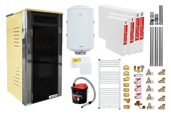 Pachet Termoșemineu Fornello Primo Truva 25 kW Ivory, pompa de circulatie, vas de expansiune, supape de siguranta, curatare mecanica creuzet, Calorifere, Boiler 100 l, kit evacuare 3.5 ml, Termostat Salus 091FLRFV2, Aspirator Cenusa si fitinguri