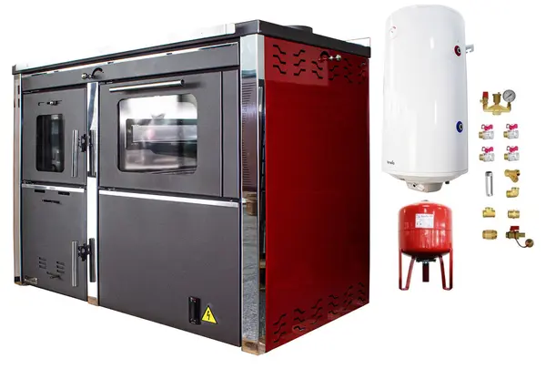 Pachet Termosemineu FORNELLO STAR Red 34 kw pe combustibil solid ( lemn,carbune,bricheti ) prevazut cu plita si cuptor pentru gatit, echipat cu pompa de circulare, boiler termoelectric 100l, vas expansiune, kit montaj