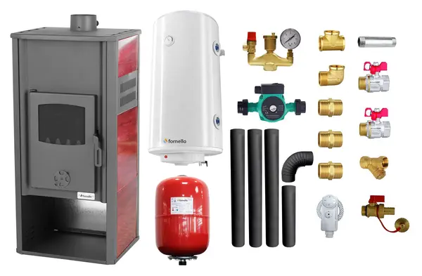 Pachet Termosemineu pe lemne, brichete si carbune Fornello Roma E, Bordeaux, 22 kW, 49x45x103 cm, boiler termoelectric 100l, vas expansiune, pompa circulatie, kit evacuare si kit montaj