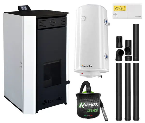 Pachet Termosemineu pe peleti Fornello EVA 18 KW, pompa circulatie, vas expansiune, Grup siguranta, WI-FI, buncar, tiraj fortat, kit evacuare, termostat Salus 091FLRFV2, aspiratior, boiler 100L, Clasa A++, recomandat pentru 120 mp, Alb
