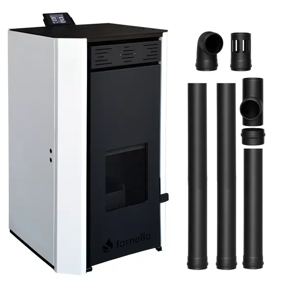 Pachet Termosemineu pe peleti Fornello EVA 18 KW, pompa circulatie, vas expansiune, Grup siguranta, WI-FI, buncar, tiraj fortat, kit evacuare 2.5 ml, Clasa A++, recomandat pentru 120 mp, Alb
