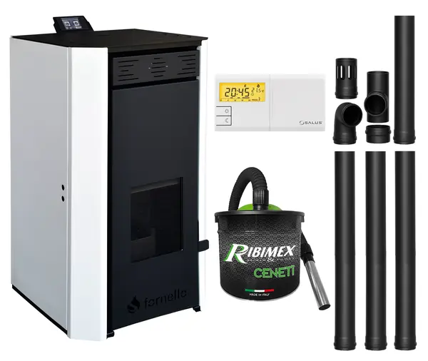 Pachet Termosemineu pe peleti Fornello EVA 18 KW, pompa circulatie, vas expansiune, Grup siguranta, WI-FI, buncar, tiraj fortat, kit evacuare, termostat Salus 091FLRFV2, aspiratior, Clasa A++, recomandat pentru 120 mp, Alb