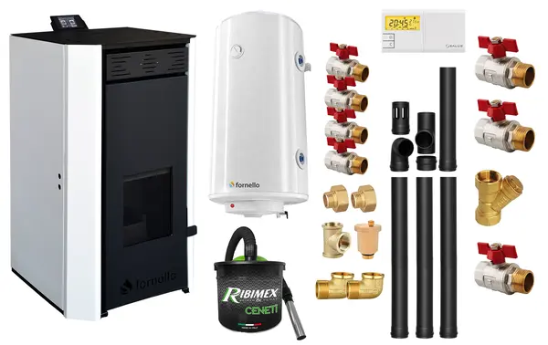 Pachet Termosemineu pe peleti Fornello EVA 30 KW, pompa circulatie, vas expansiune, WI-FI, buncar, tiraj fortat, kit evacuare 3.5 ml, termostat, aspirator, boiler 100L si Fitinguri montaj centrala/boiler