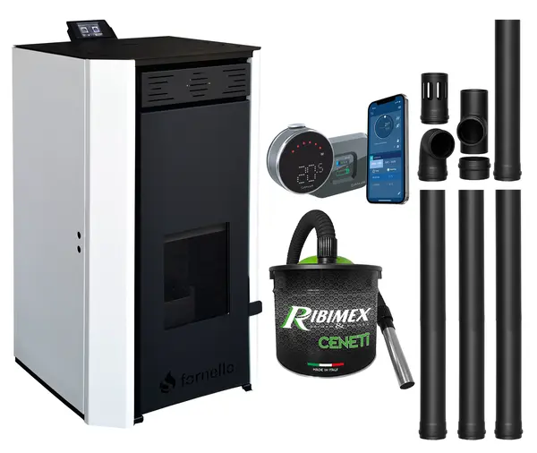 Pachet Termosemineu pe peleti Fornello EVA 30 KW, pompa circulatie, vas expansiune, Grup siguranta, WI-FI, buncar, tiraj fortat, kit evacuare, termostat Salus IT 800, aspirator, Clasa A++, recomandat pentru 200 mp, Alb