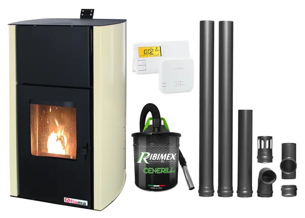 Pachet Termosemineu pe peleti Fornello Fiama Confort 25 kw, complet echipat pentru incalzire, Pompa, Vas expansiune, Automatizare, Termostat Radio Comanda Salus 091FLRFV2, Aspirator Cenusa si Kit evacuare 2.5 ml
