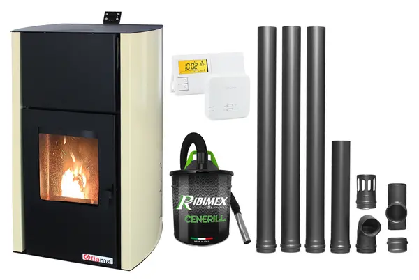 Pachet Termosemineu pe peleti Fornello Fiama Confort 25 kw, complet echipat pentru incalzire, Pompa, Vas expansiune, Automatizare, Termostat Radio Comanda Salus 091FLRFV2, Aspirator Cenusa si Kit evacuare 3.5 ml