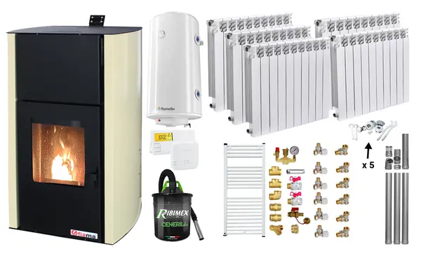 Pachet Termosemineu pe peleti Fornello Fiama Confort 30 kW, cu pompa, vas expansiune, automatizare, calorifere aluminiu Fornello Alvo, boiler, termostat, aspirator, kit evacuare, fitinguri, culoare crem, pana la 200 mp