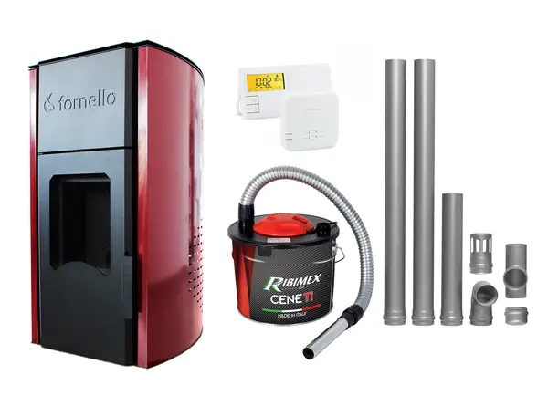 Pachet Termosemineu pe peleti Fornello Royal Bordeaux 25 kW, complet echipat cu pompa, vas expansiune, automatizare, culoare grena, kit evacuare 2.5 ml, Termostat Radio Comanda Salus 091FLRFV2 si Aspirator Cenusa