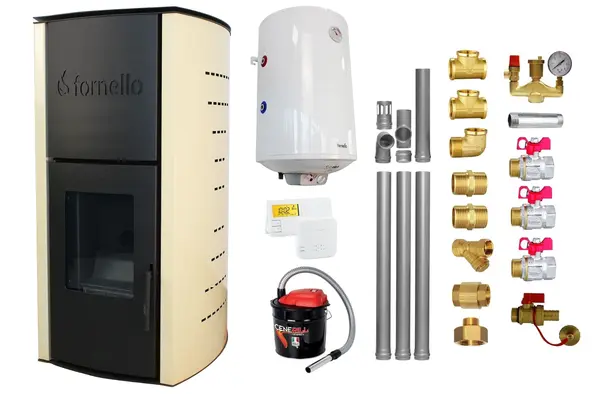 Pachet Termosemineu pe peleti Fornello Royal Ivory 18 kW, complet echipat cu pompa, vas expansiune, automatizare, culoare crem, Boiler, kit evacuare 3.5 ml, Termostat Salus 091FLRFV2 Aspirator Cenusa si Fitinguri