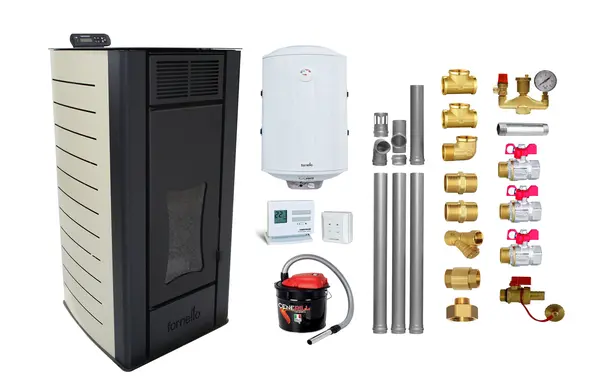 Pachet Termosemineu peleti Fornello Premium W 25, 25 kw, culoare Ivory, complet echipat, pompa circulatie, vas expansiune, automatizare, kit evacuare 3.5 ml, Boiler Termoelectric Fornello 100 l, Termostat Radio Comanda Computherm Q3 RF, Aspirator Cen