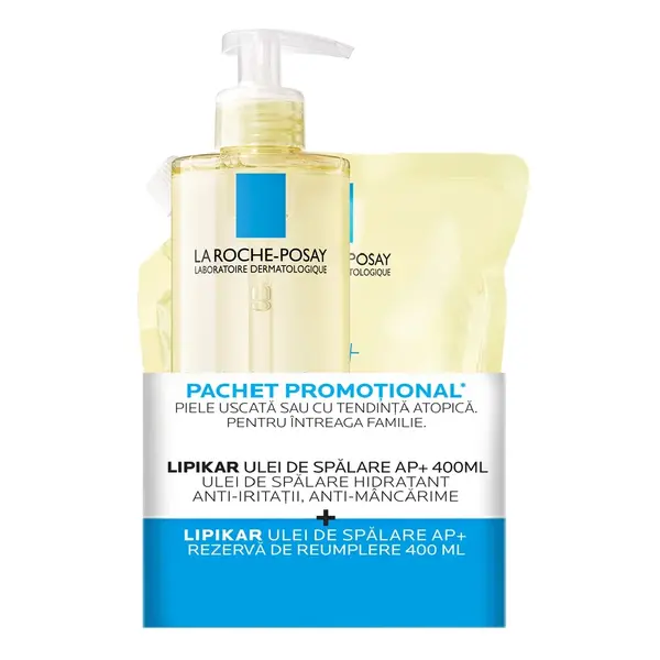 Pachet Ulei de dus hidratant AP+ Lipikar, 400 ml + Rezerva, 400 ml, La Roche-Posay