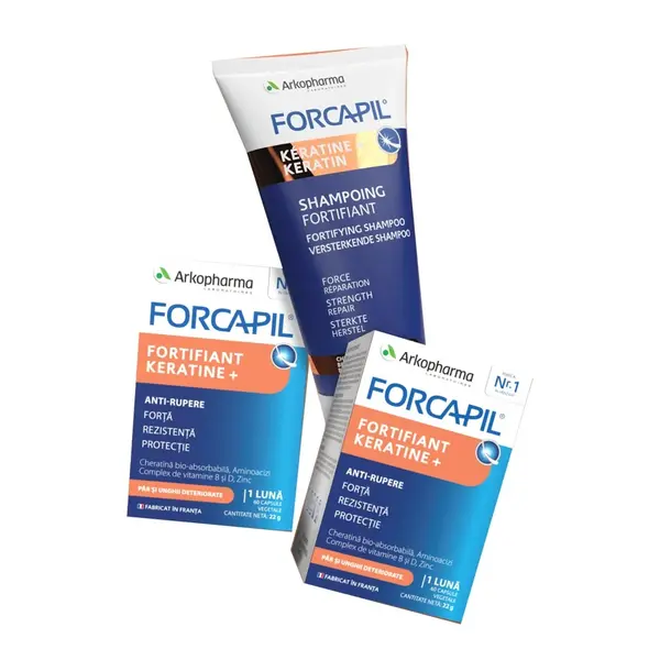 Pachetul Forcapil Fortifiant Keratine+ : 2 cutii x 60 capsule vegetale + șampon 200 ml, Arkopharma