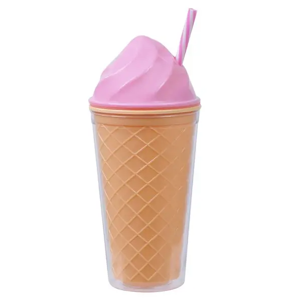 Pahar cu capac si pai pentru bauturi,design inghetata,plastic,450 ml