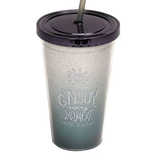 Pahar cu capac si pai pentru bauturi,plastic,negru glitter,500 ml