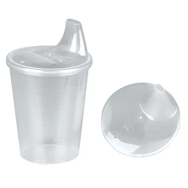 Pahar cu maner 250 ml si capac antiscurgere cu gura de 12mm - din plastic alb