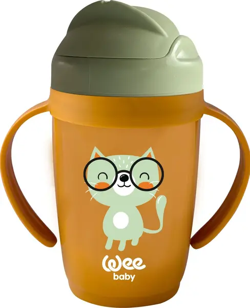 Pahar cu pai și mânere Wee Baby - Friends, 265 ml, portocaliu
