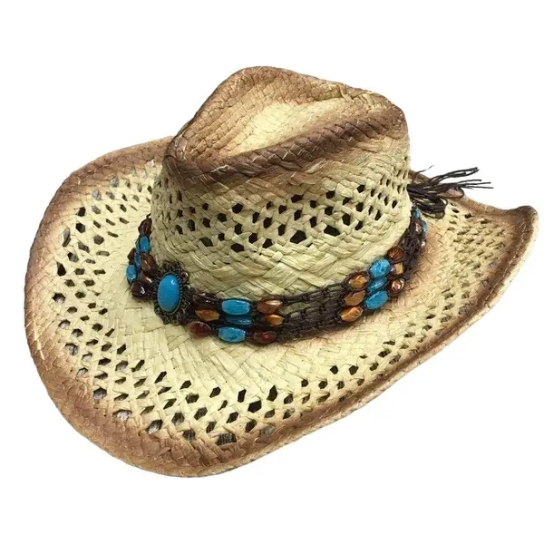 Palarie Cowboy, Zamo®, din Paie Sintetice, cu Margele Maro si Turcoaz, Crem