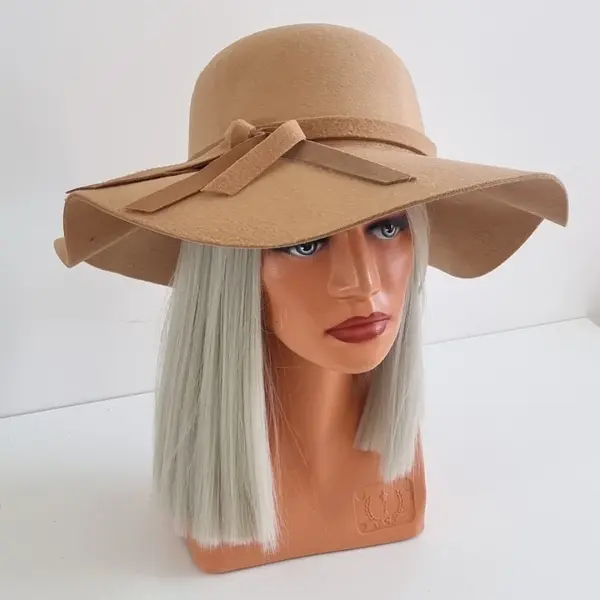 Palarie dama Vintage, cu bor lat si fundita, Crem