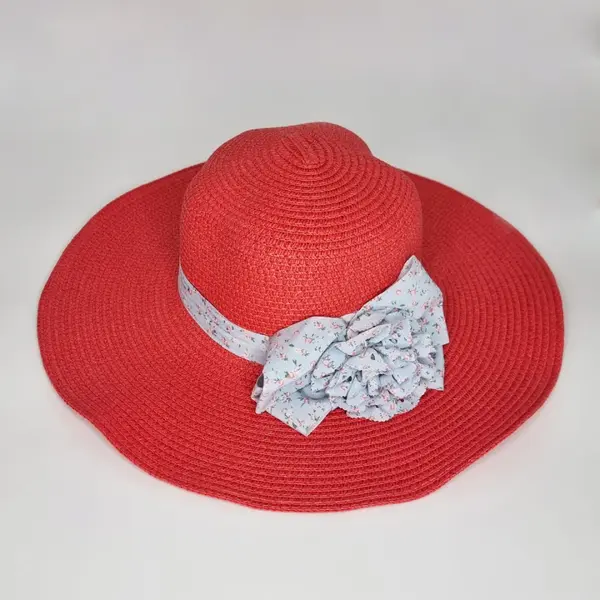 Palarie de plaja Ribbon Flower, din paie, panglica cu imprimeu si floare decorativa, Rosu