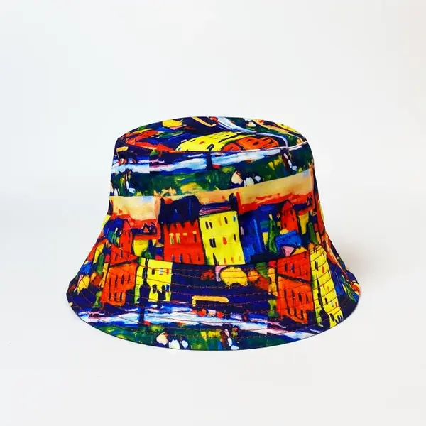 Palarie tip bucket unisex cu doua fete imprimata cu reproducere dupa o pictura cu casute multicolore