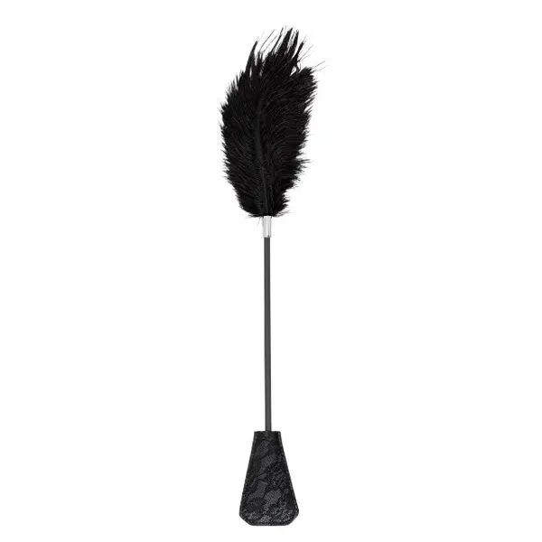 Paletă cu puf de gâdilat B-SERIES Fetish Feather Crop, pentru jocuri erotice BDSM, design cu dantelă, culoare negru