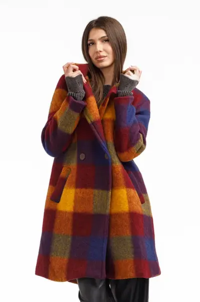 Palton dama carouri colorate cu lana , palton captusit elegant, galben, rosu, bordo si albastru