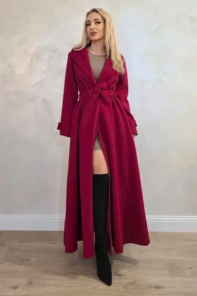 Palton lung cu nasturi Merina, falduri si cordon, Rosu, Marime S/M/L