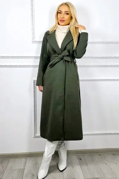 Palton lung de dama Camilla, inchidere cu nasturi si cordon, Verde, Marime S/M