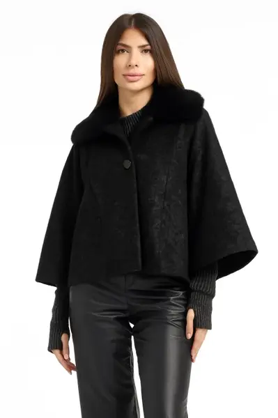 Palton scurt dama negru, cu lana, cu guler blanita , jacheta eleganta captusita