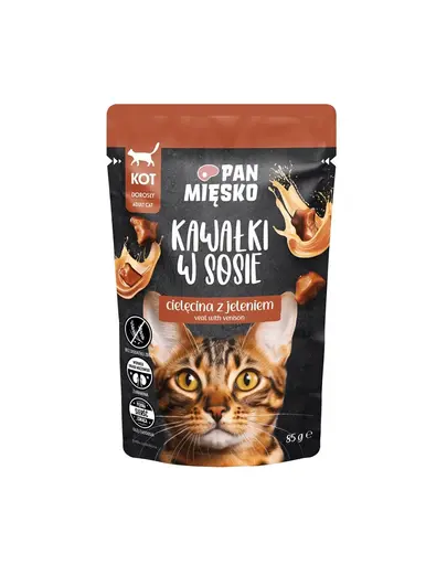 PAN MIĘSKO Bucăți în sos Vițel cu cerb, hrană umedă pentru pisici 85 g